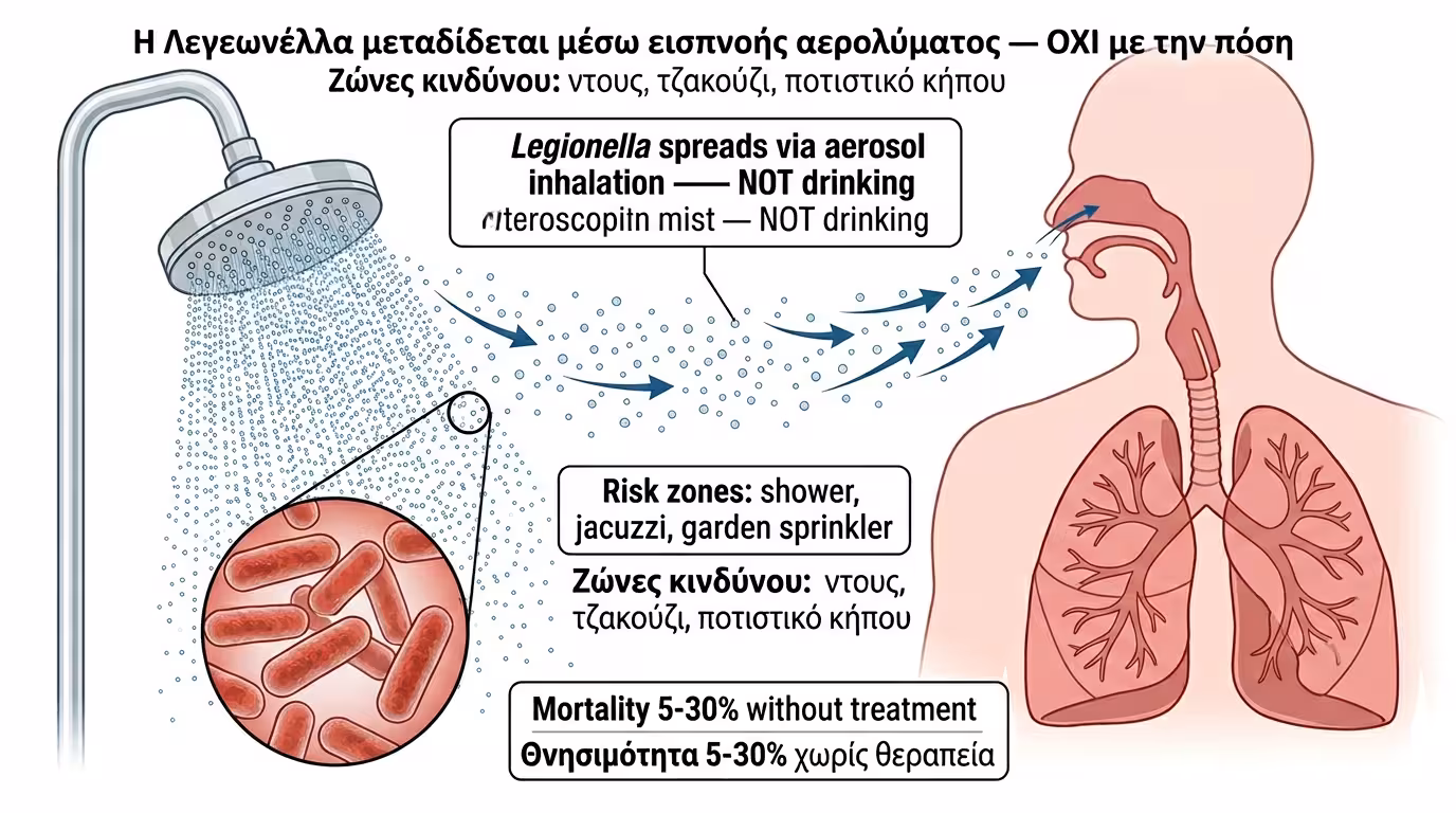 Legionella - βακτήριο, εκνεφελισμός, ντους, εισαγωγή