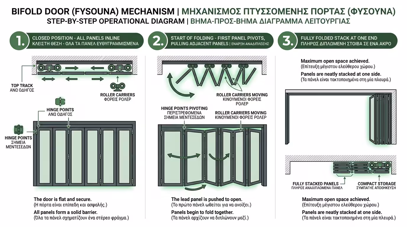 Μηχανισμός πτυσσόμενης πόρτας (φυσούνα) - φύλλα, μεντεσέδες, άνω οδηγός, ράουλα