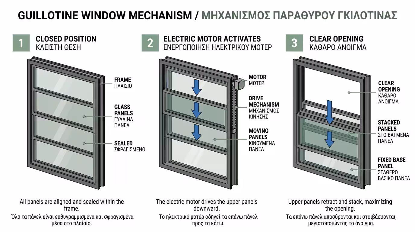 Μηχανισμός γκιλοτίνας - κάθετη κίνηση φύλλων, στοίβαξη πίσω από σταθερό τμήμα