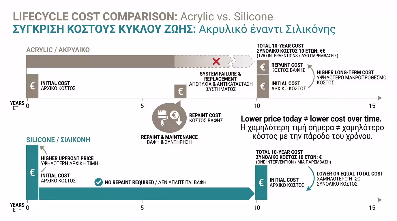 Timeline: ακρυλικό 5–8 ετών vs σιλικονούχο 10–15 ετών, σύγκριση κόστους κύκλου ζωής