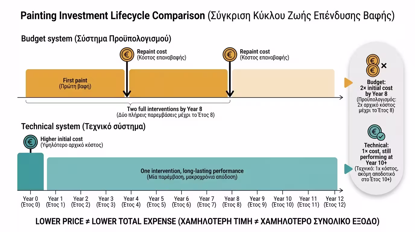 Timeline: σύστημα 4 ετών χρειάζεται επαναβαφή στα 4 & 8 vs σύστημα 10 ετών