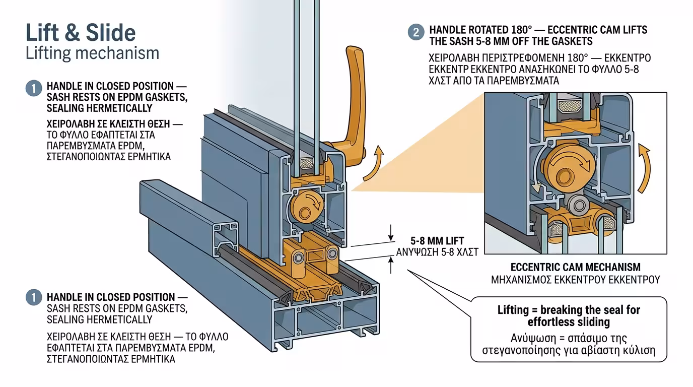 Μηχανισμός Lift & Slide - φάση ανύψωσης, ο μοχλός σηκώνει το φύλλο από τα λάστιχα