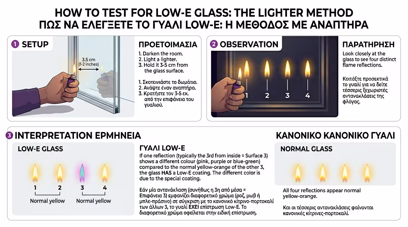 Εκτέλεση τεστ αναπτήρα σε ενεργειακό τζάμι - χρωματική αντανάκλαση