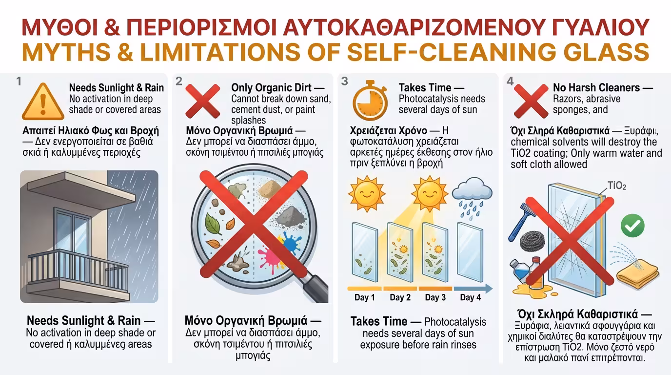 Περιορισμοί αυτοκαθαριζόμενων τζαμιών - ανάγκη για ήλιο, βροχή και χρόνο