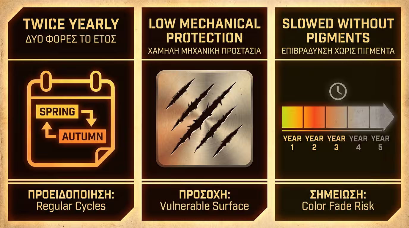 Ινφογκράφικ μειονεκτημάτων: συχνή συντήρηση (1-2x/χρόνο), χαμηλή μηχανική αντοχή, γκριζάρισμα χωρίς χρωστικές (ελληνικά και αγγλικά)