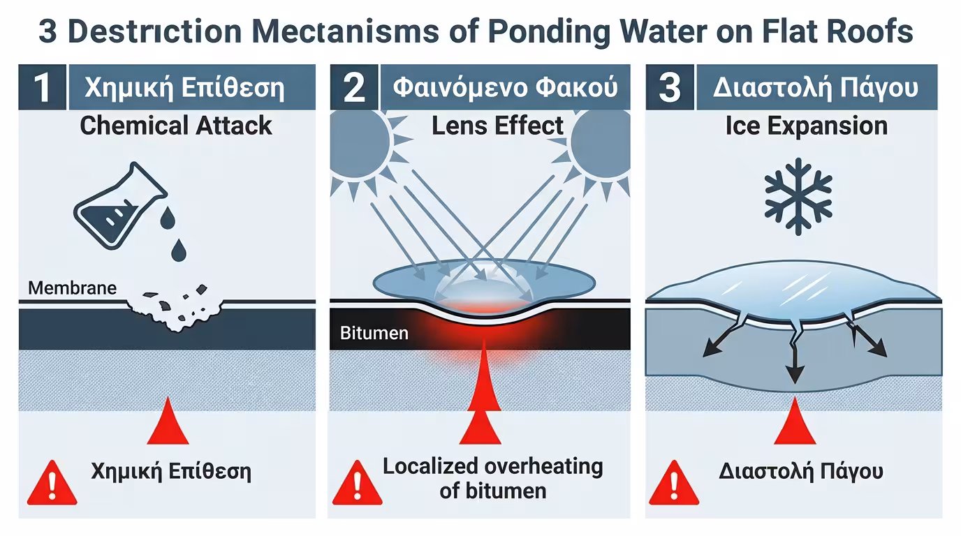 Λιμνάζοντα νερά στην ταράτσα - τρεις μηχανισμοί καταστροφής