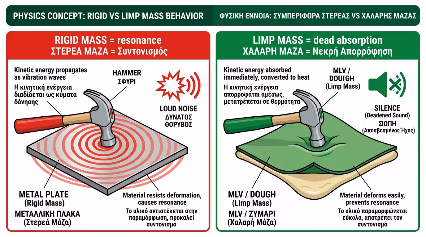 Limp Mass: σύγκριση μεταλλικής πλάκας (δονείται) vs MLV (η ενέργεια σβήνει)