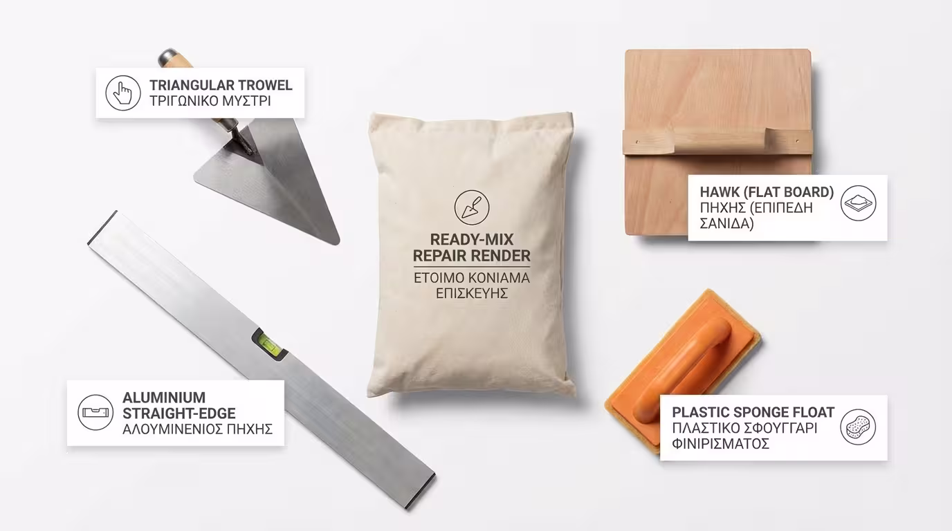 Βασικά εργαλεία DIY σοβατίσματος: μυστρί, φραγκόφτυαρο, πήχης, τριβίδι