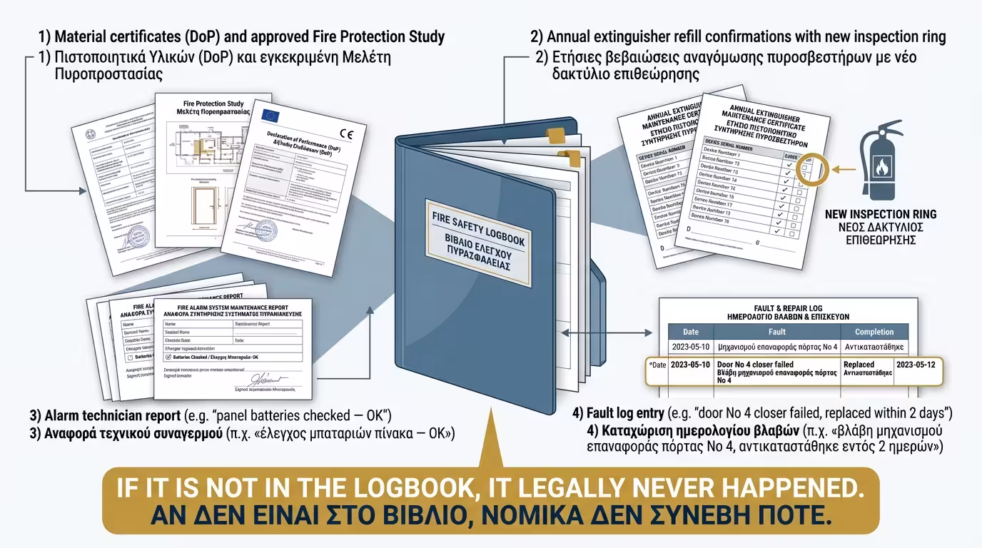 Logbook πυρασφάλειας: ντοσιέ με πιστοποιητικά, αναφορές, βεβαιώσεις