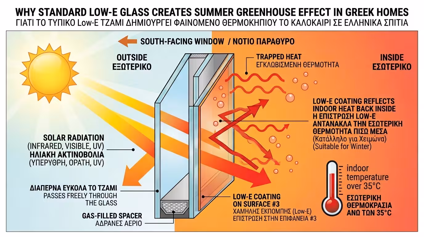 Πρόβλημα απλού Low-E το καλοκαίρι - η ηλιακή ακτινοβολία περνάει ελεύθερα
