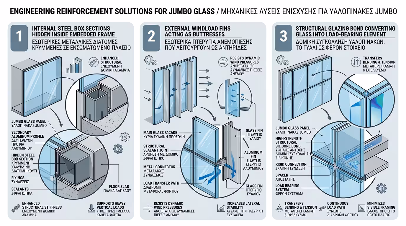Λύσεις ενίσχυσης - χαλύβδινοι φορείς, windload fins, structural glazing