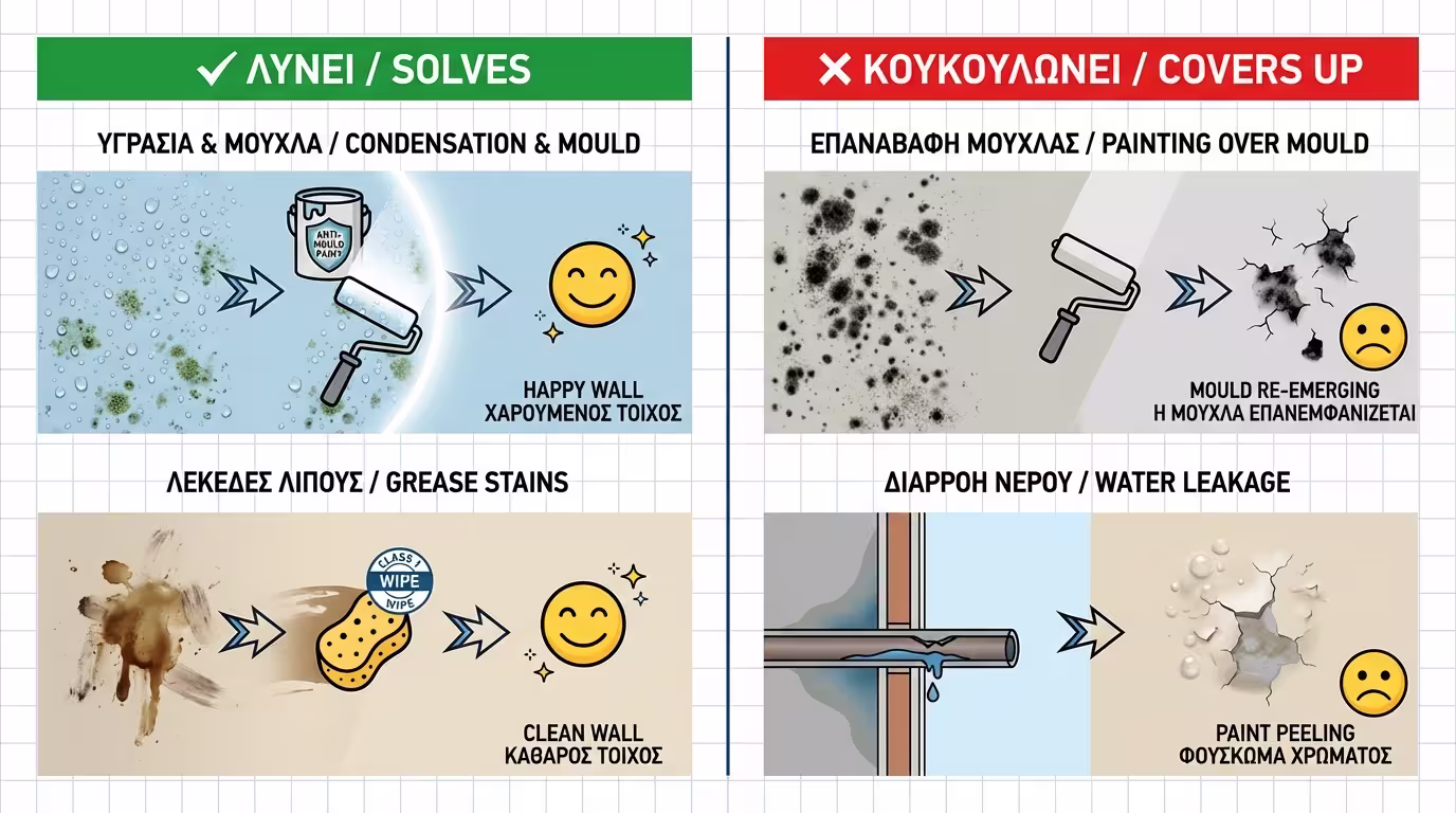 Infographic: Χρώμα ως λύση (επιφανειακή συμπύκνωση) vs χρώμα ως κάλυψη (δομικά προβλήματα)