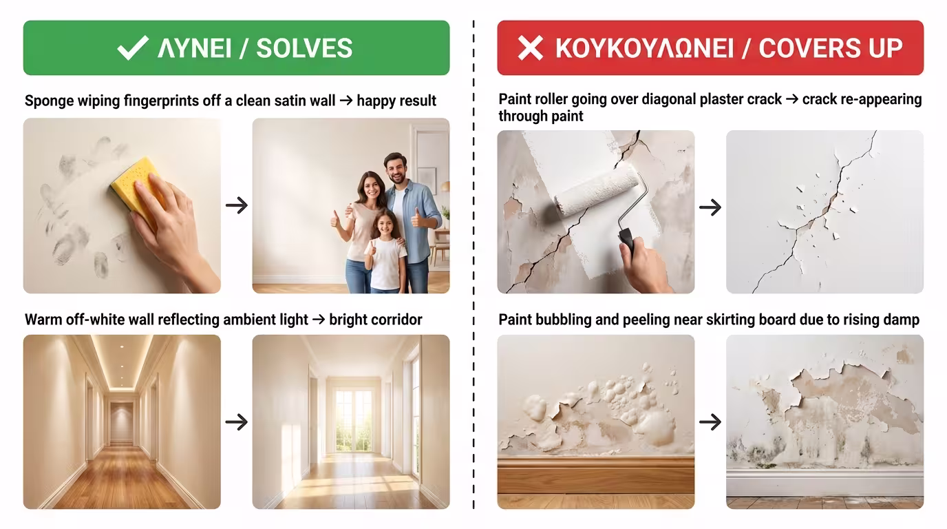 Infographic: Χρώμα ως λύση (δαχτυλιές, φωτισμός) vs κάλυψη (ρωγμές, ανερχόμενη υγρασία)