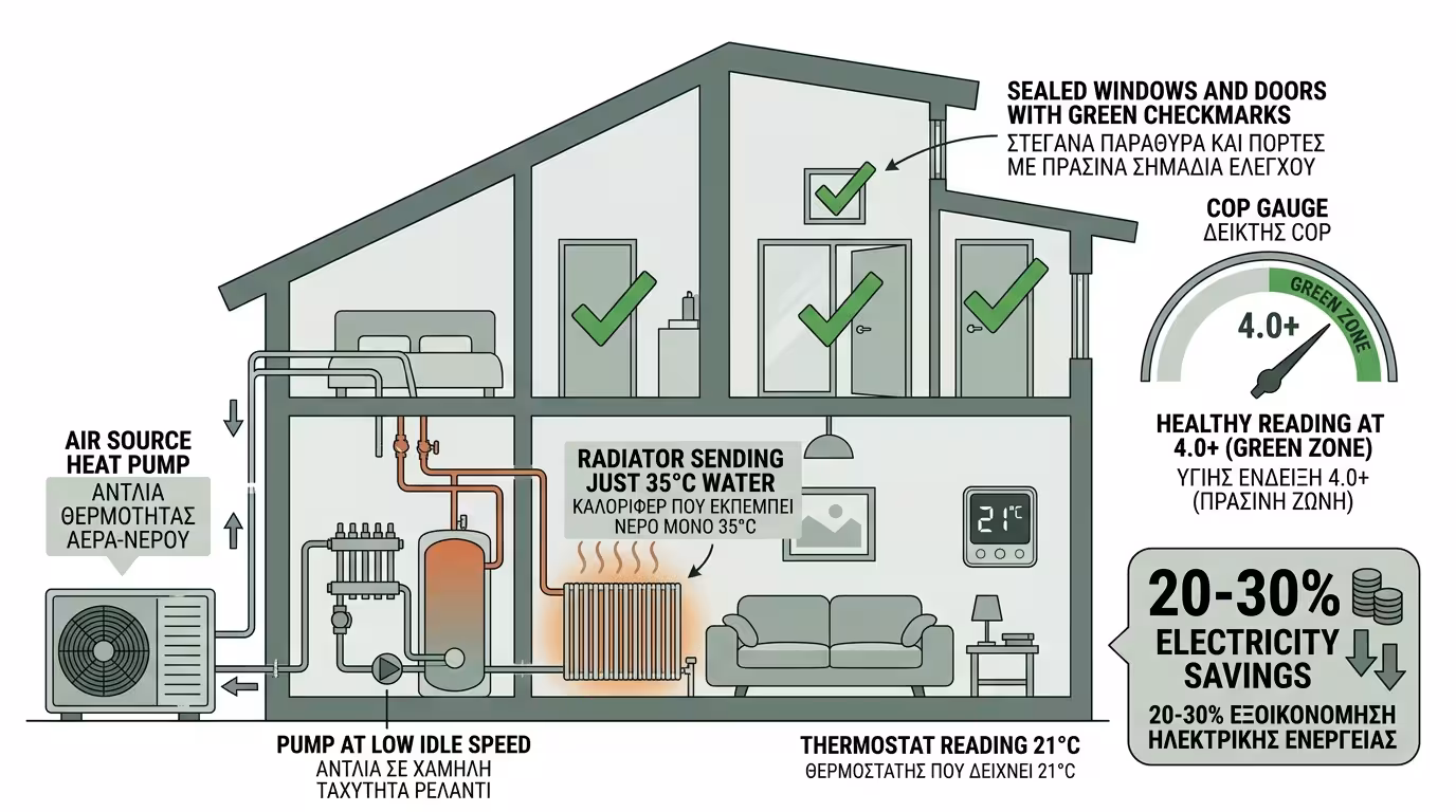 Σφραγισμένο σπίτι - αντλία στέλνει μόλις 35°C, COP στα ύψη
