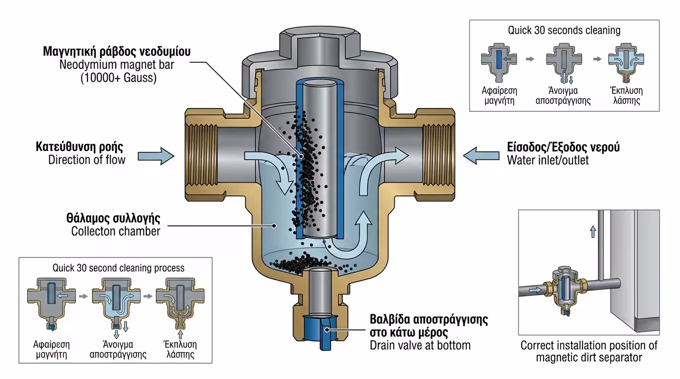 Μαγνητικό φίλτρο θέρμανσης - εσωτερική μπάρα μαγνήτη, σωματίδια magnetite
