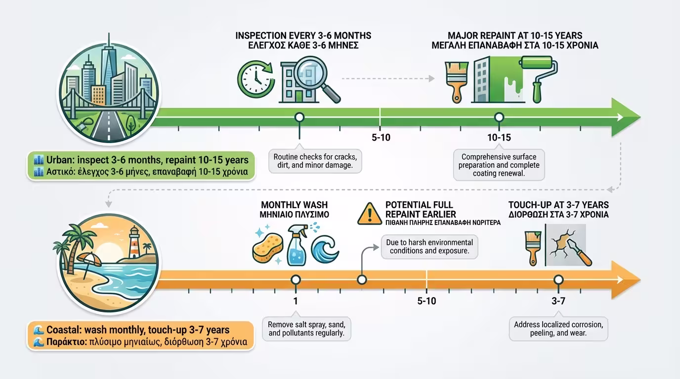 Διάγραμμα υποβάθμισης βαφής: από την κιμωλίαση στη ρηγμάτωση και την εκτεταμένη οξείδωση.