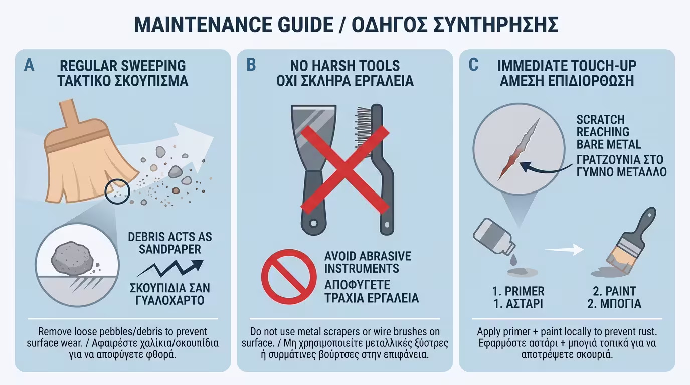 Ινφογκράφικ: Τακτικός καθαρισμός, αποφυγή σκληρών εργαλείων, άμεση τοπική επιδιόρθωση.