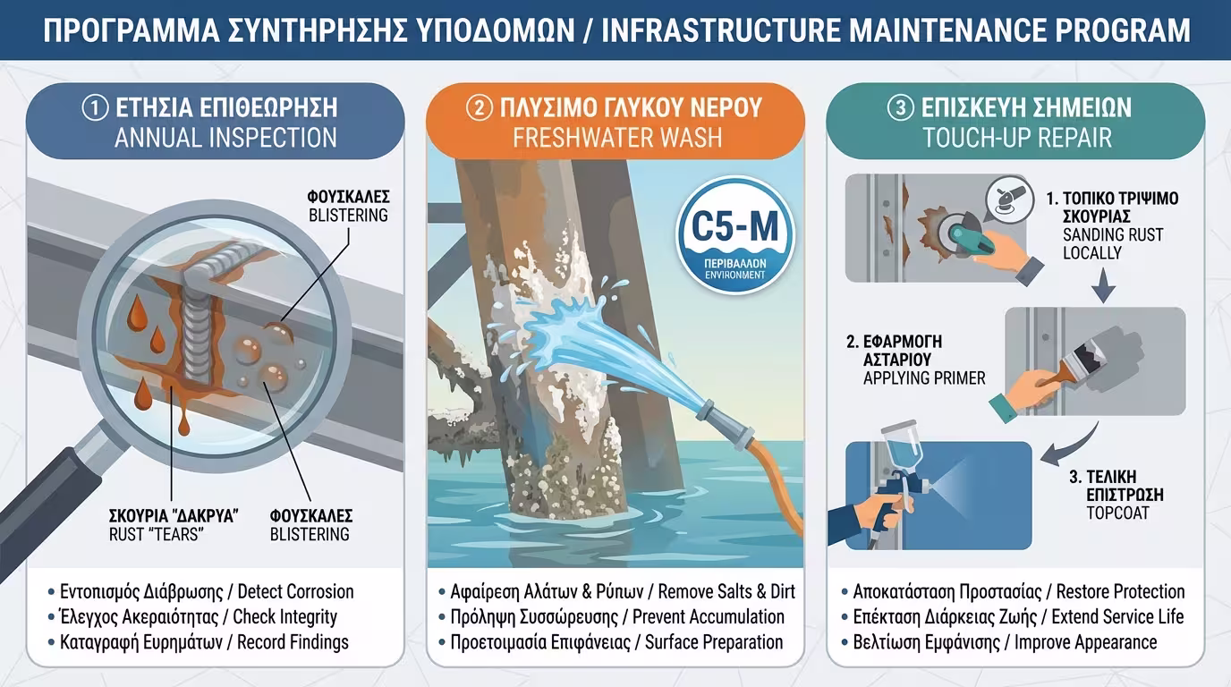 Ινφογκράφικ: Ετήσιος έλεγχος ενώσεων, πλύσιμο γλυκό νερό, τοπικό touch-up.
