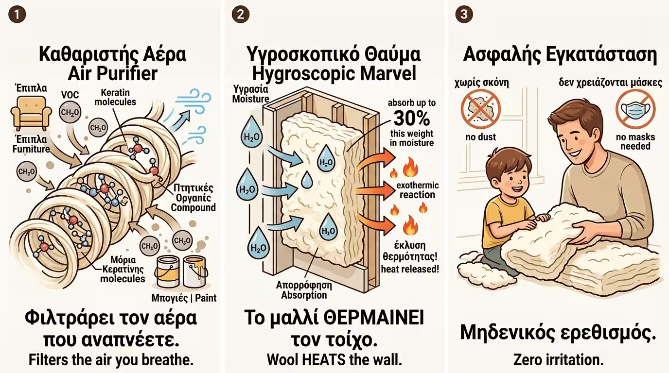 Μόνωση πρόβειου μαλλιού - κερατίνη, VOCs, υγροσκοπικότητα