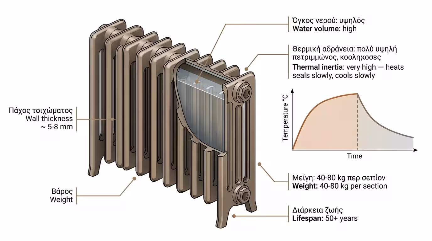 Μαντεμένιο θερμαντικό σώμα - βαρύ, ογκώδες, τεράστια θερμική αδράνεια