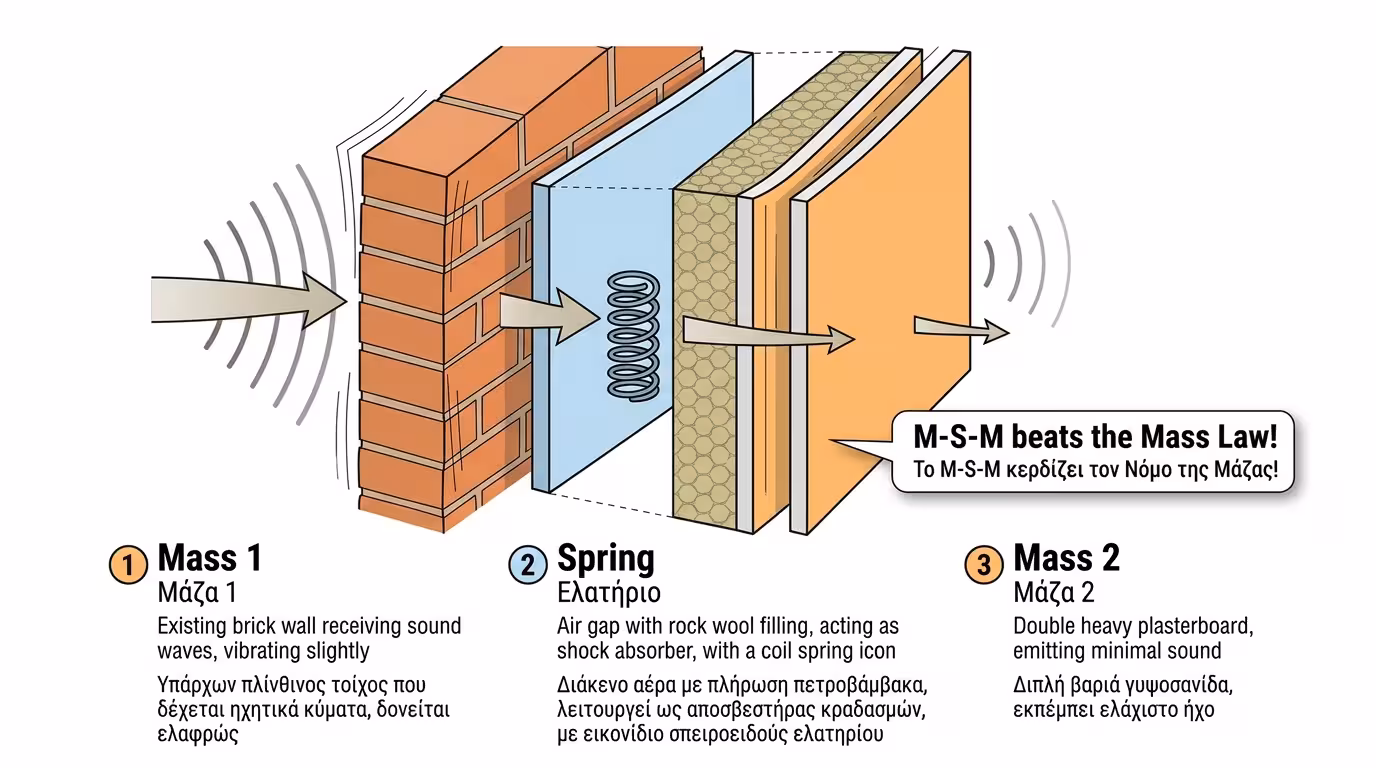 Μάζα-Ελατήριο-Μάζα - δύο λεπτοί τοίχοι με κενό αέρα και πετροβάμβακα