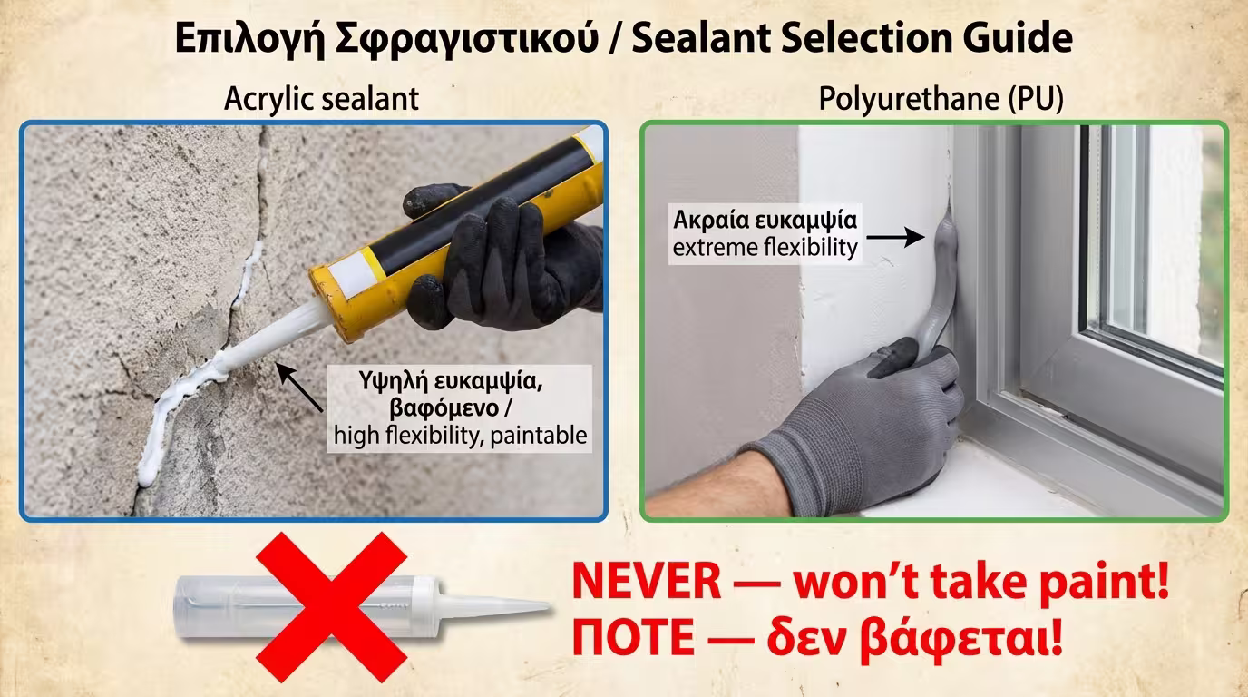 Πιστόλι μαστίχης: ακρυλική σε ρωγμή σοβά, πολυουρεθανική σε ένωση σοβά-αλουμινίου