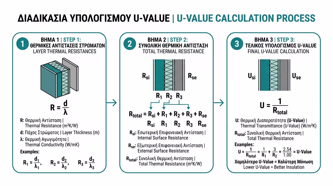 Υπολογισμός U-Value - τύπος R=d/λ και U=1/Rtotal