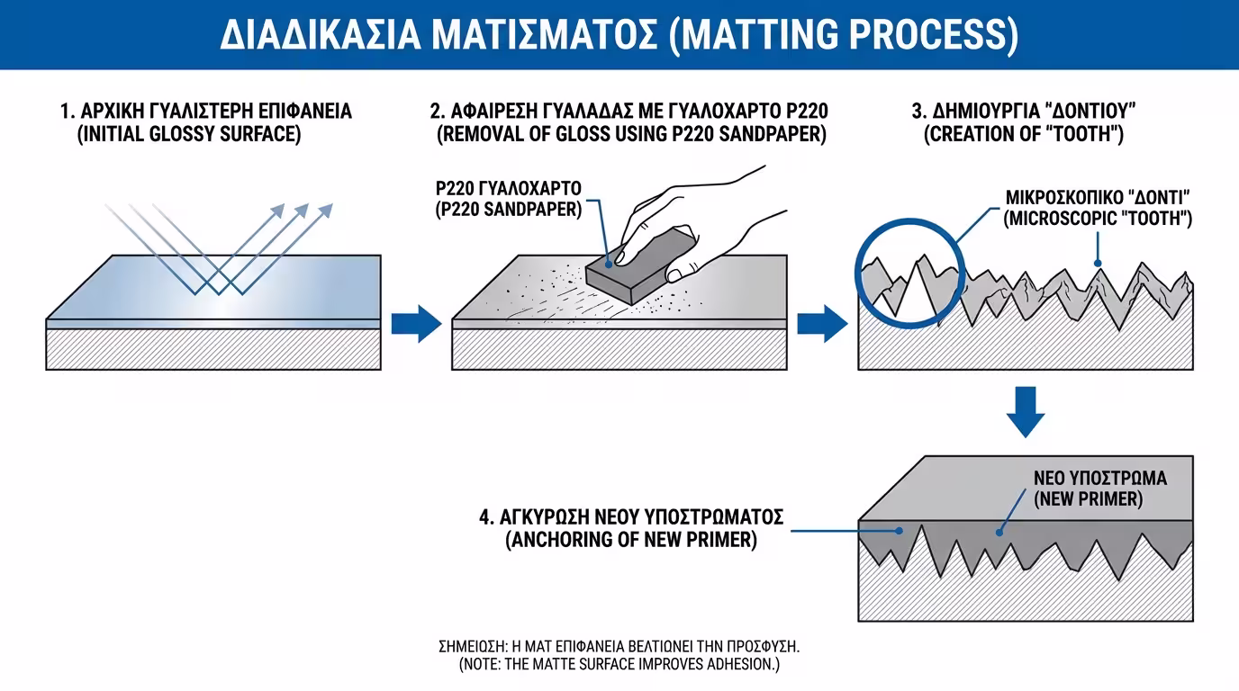Ινφογκράφικ: Η τεχνική του matting με γυαλόχαρτο P180-P220 για τη δημιουργία «δοντιού».