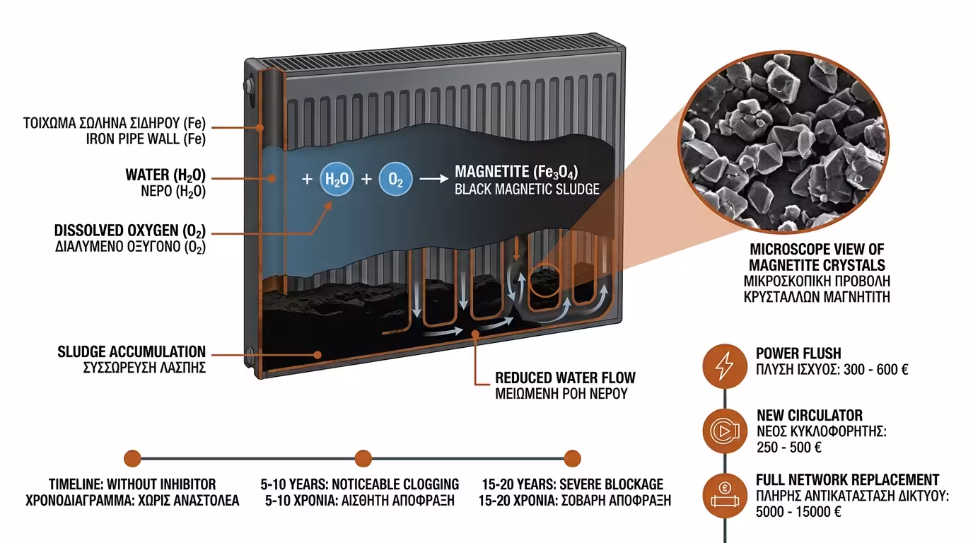 Μαύρη λάσπη (μαγνητίτης) μέσα σε βουλωμένο καλοριφέρ – οξείδωση σωλήνων