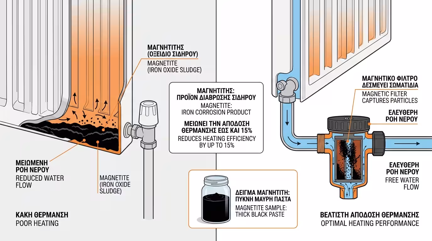 Μαύρη λάσπη μαγνητίτης στον πάτο καλοριφέρ – power flushing