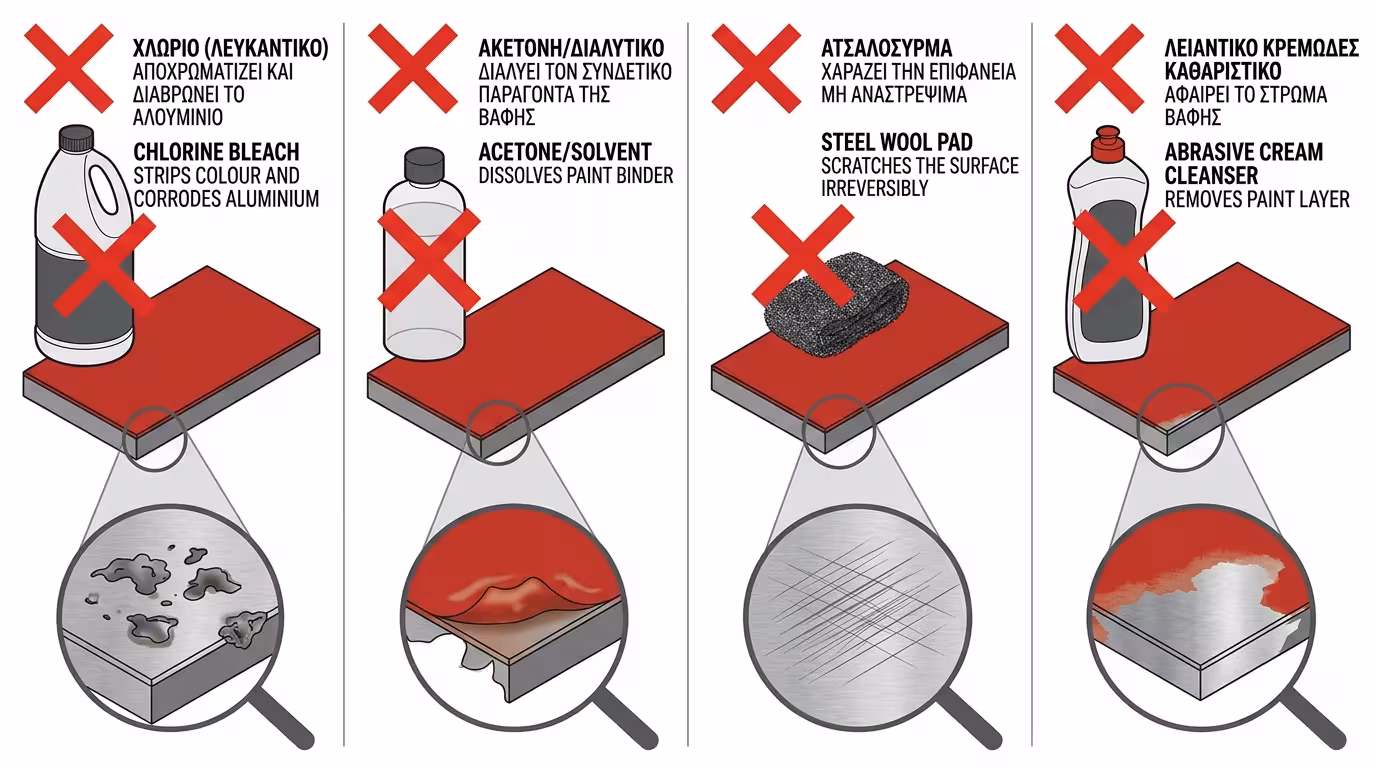Απαγορευμένα καθαριστικά: χλωρίνη, διαλυτικό, σύρμα πιάτων