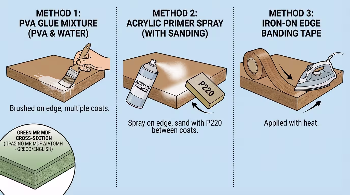 Ινφογκράφικ: MDF λεία επιφάνεια αλλά σόκορα πορώδη. 3 λύσεις: ξυλόκολλα PVA, ακρυλικό αστάρι, ταινίες περιθωρίων. Πράσινο MR MDF (ελληνικά και αγγλικά)