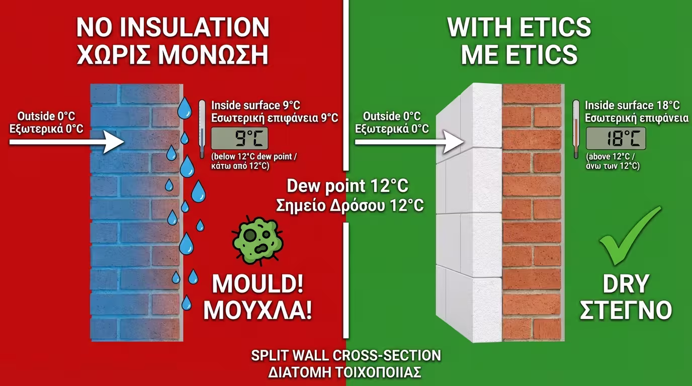 Infographic: Τοίχος χωρίς μόνωση (9°C) vs τοίχος με θερμοπρόσοψη (18°C)