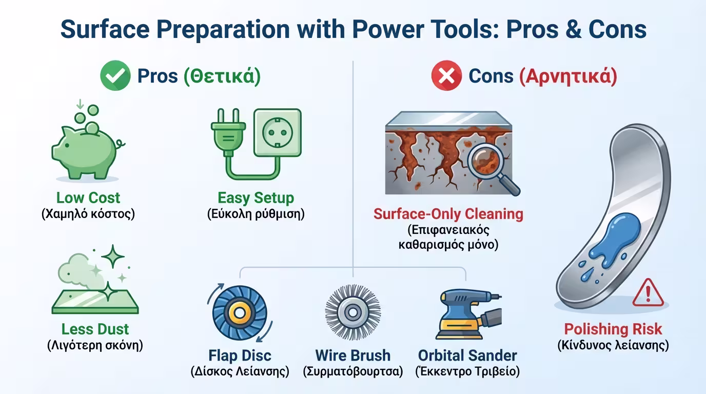 Ινφογκράφικ: Γωνιακός τροχός + flap disc + συρματόβουρτσα - πλεονεκτήματα vs μειονεκτήματα.