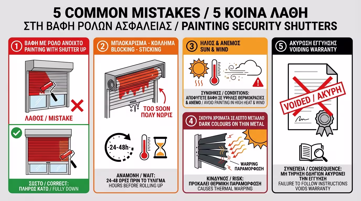 Ινφογκράφικ: Τα 5 κλασικά λάθη - ανεβασμένο ρολό, κόλλημα (blocking), ήλιος, σκούρα χρώματα, εγγυήσεις.