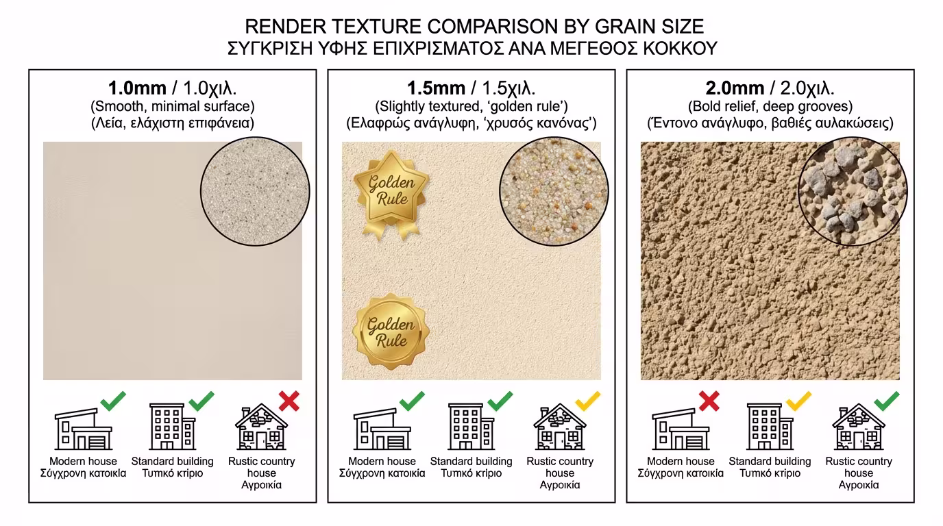 Σύγκριση υφής κόκκου 1.0mm, 1.5mm και 2.0mm σε τοίχο