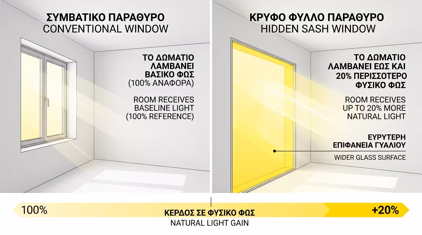 Μέγιστος φυσικός φωτισμός - 20% περισσότερο φως χωρίς ορατό πλαίσιο