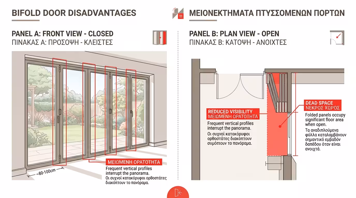 Μειονεκτήματα φυσούνας - πολλά κάθετα προφίλ κλειστή, στοίβα φύλλων ανοιχτή