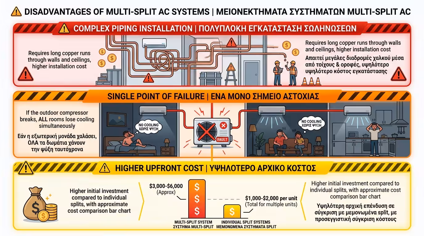 Μειονεκτήματα Multi-Split - σωληνώσεις, βλάβη εξωτερικής, κόστος, Inverter