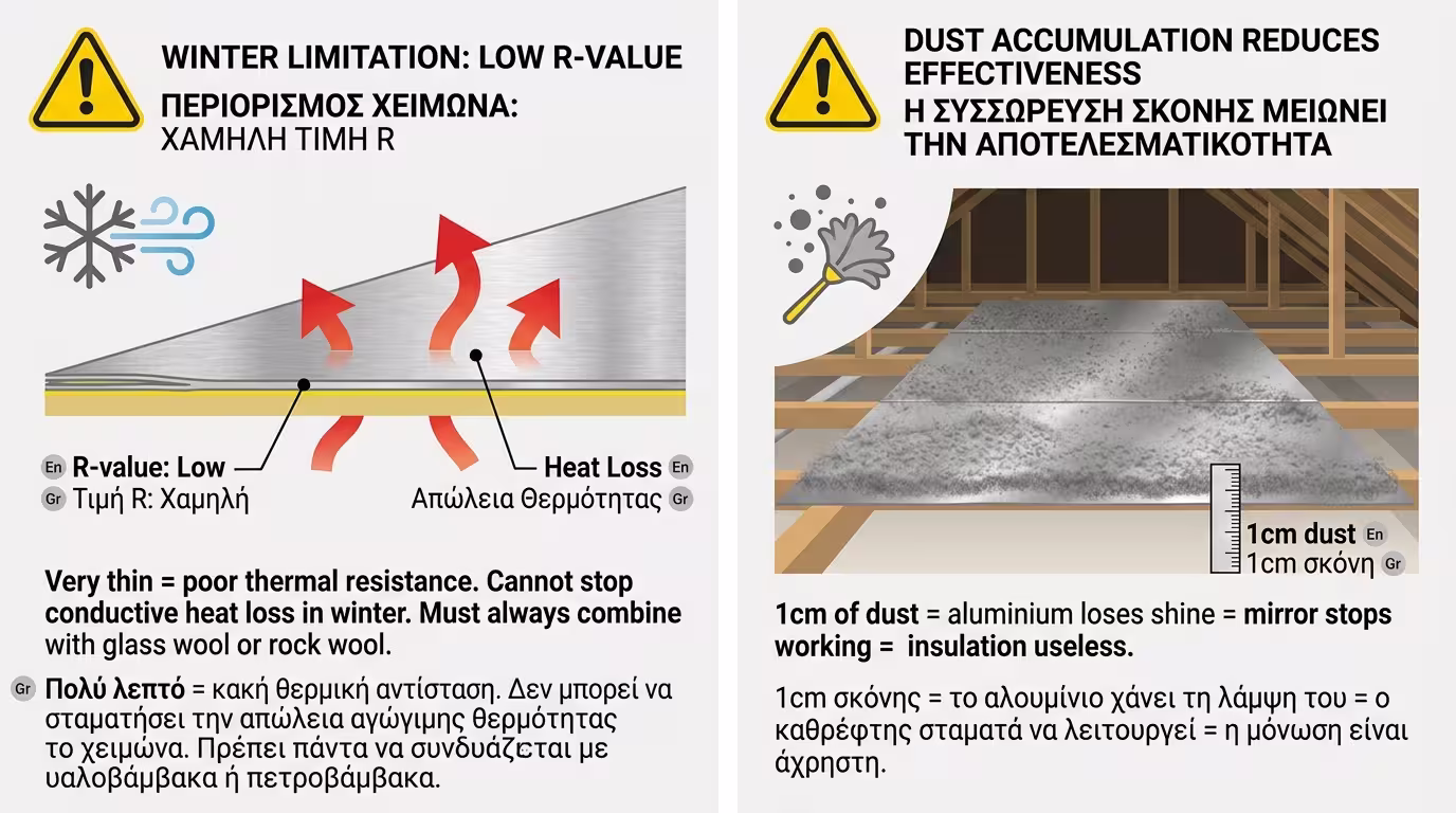 Ανακλαστική μόνωση - μειονεκτήματα: σκόνη και χειμερινή απόδοση