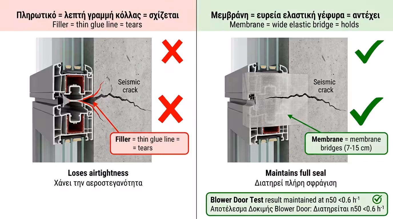 Σύγκριση μεμβράνης vs μαστίχης - η μεμβράνη απορροφά σεισμική ρωγμή, η μαστίχη σκίζεται