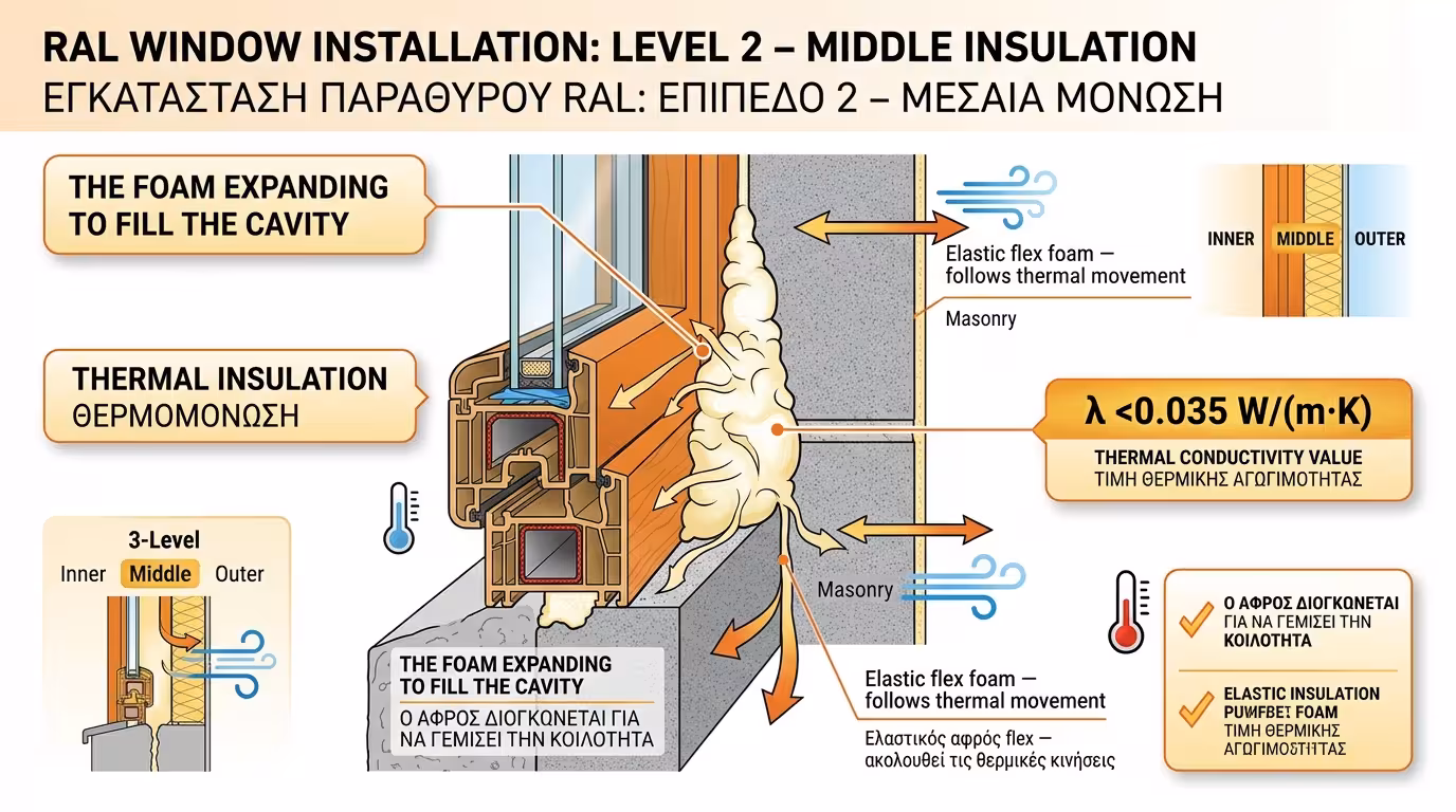 Μεσαίο επίπεδο RAL - ελαστικός αφρός πολυουρεθάνης κλειστής κυψέλης γεμίζει τον αρμό