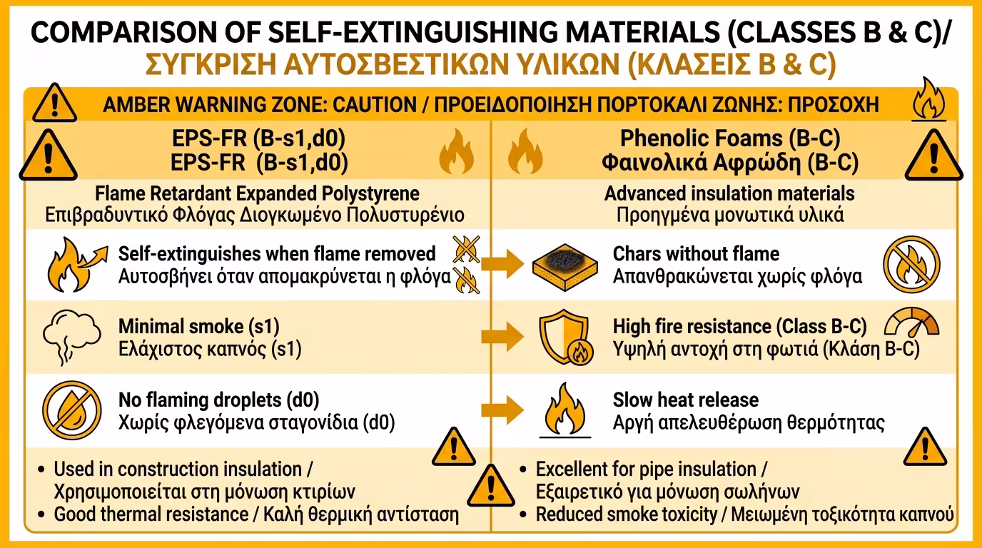 Αυτοσβενόμενα: EPS-FR B-s1,d0, φαινολικά C-s1,d0 - δεν τροφοδοτούν τη φωτιά χωρίς εξωτερική φλόγα