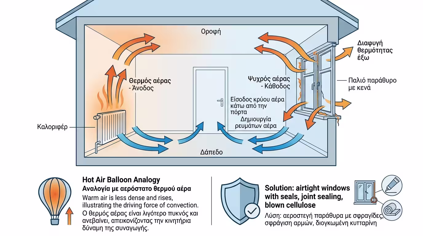 Μεταφορά θερμότητας - αερόστατο, ζεστός αέρας ανεβαίνει