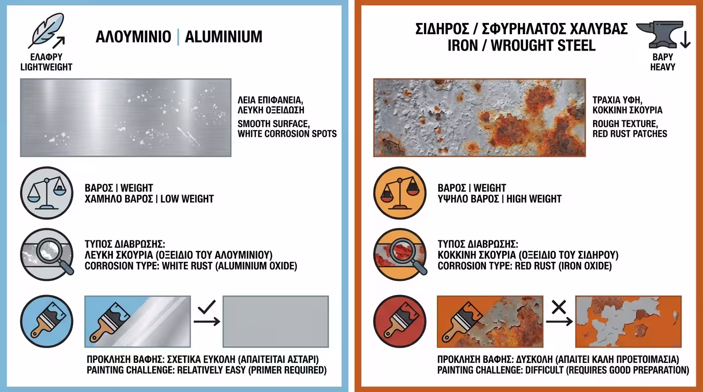 Ινφογκράφικ: Σύγκριση αλουμινίου (ελαφρύ, λεία επιφάνεια, λευκή σκουριά) vs σιδήρου (βαρύ, κόκκινη σκουριά).