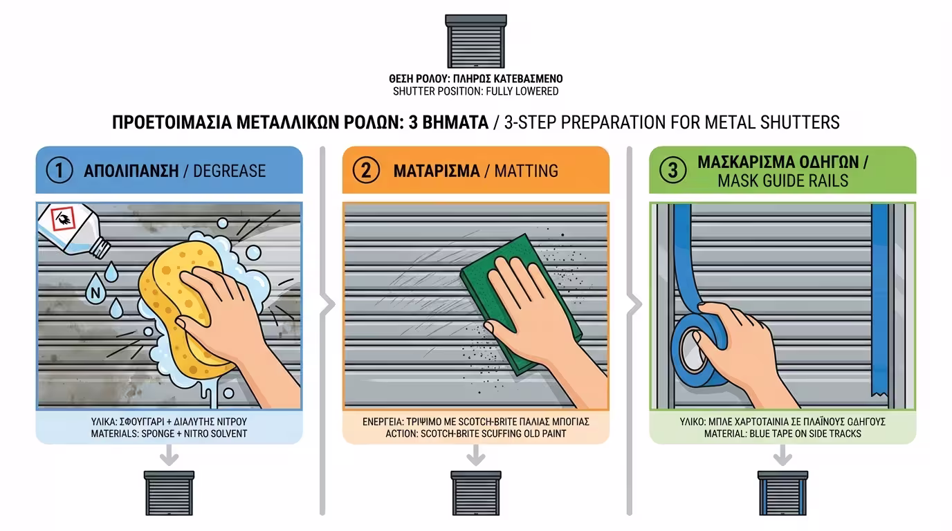 Ινφογκράφικ: Τα 3 βήματα προετοιμασίας ρολών - απολίπανση, matting, προστασία οδηγών.