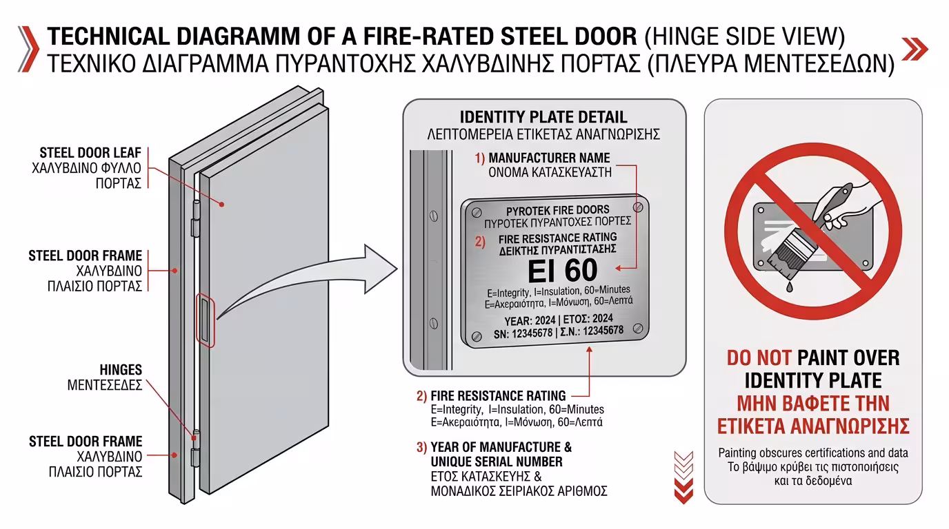 Μεταλλική ετικέτα πυράντοχης πόρτας - ταυτότητα με σειριακό αριθμό
