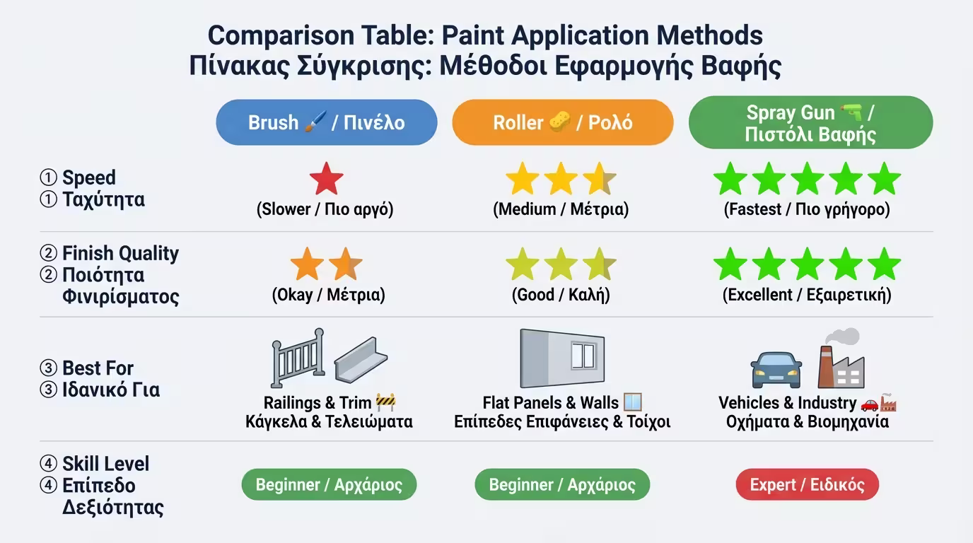 Ινφογκράφικ: Πίνακας σύγκρισης - Πινέλο vs Ρολό vs Πιστόλι σε 4 κριτήρια.