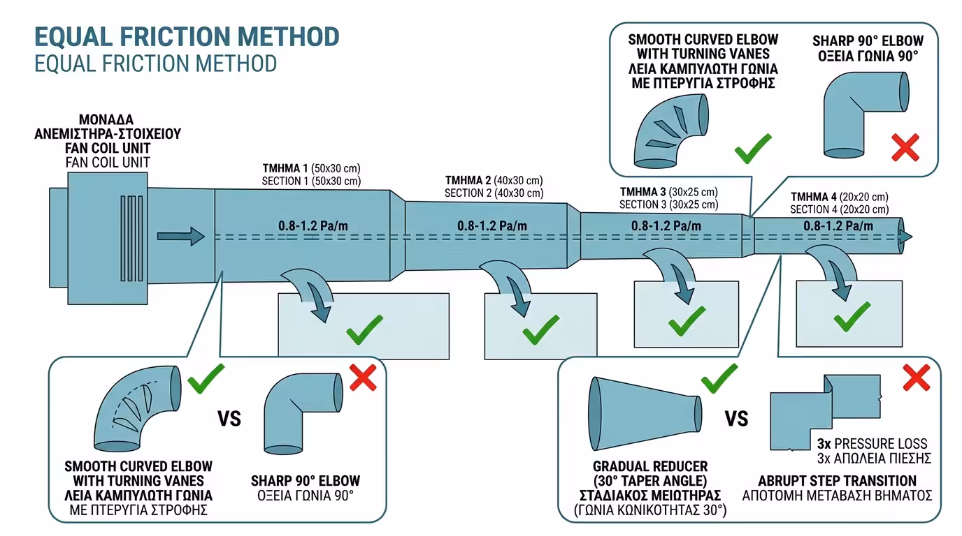 Μέθοδος ίσων τριβών - σταδιακή στένωση αεραγωγών, ομοιόμορφη πίεση