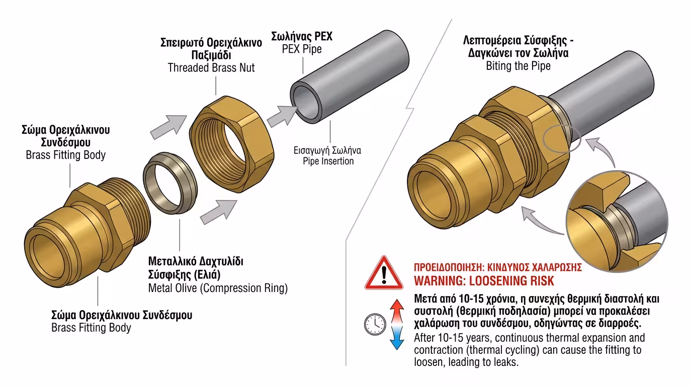 Μηχανική σύσφιξη - βιδωτά ρακόρ, παξιμάδι, olive δαχτυλίδι σε σωλήνα PEX